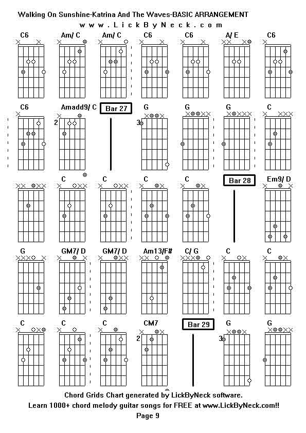 Chord Grids Chart of chord melody fingerstyle guitar song-Walking On Sunshine-Katrina And The Waves-BASIC ARRANGEMENT,generated by LickByNeck software.